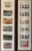 FRAMED ROYAL MAIL MOTOR TRANSPORT SET OF STAMPS & CARDS, 81 x 24cms and a framed collection of