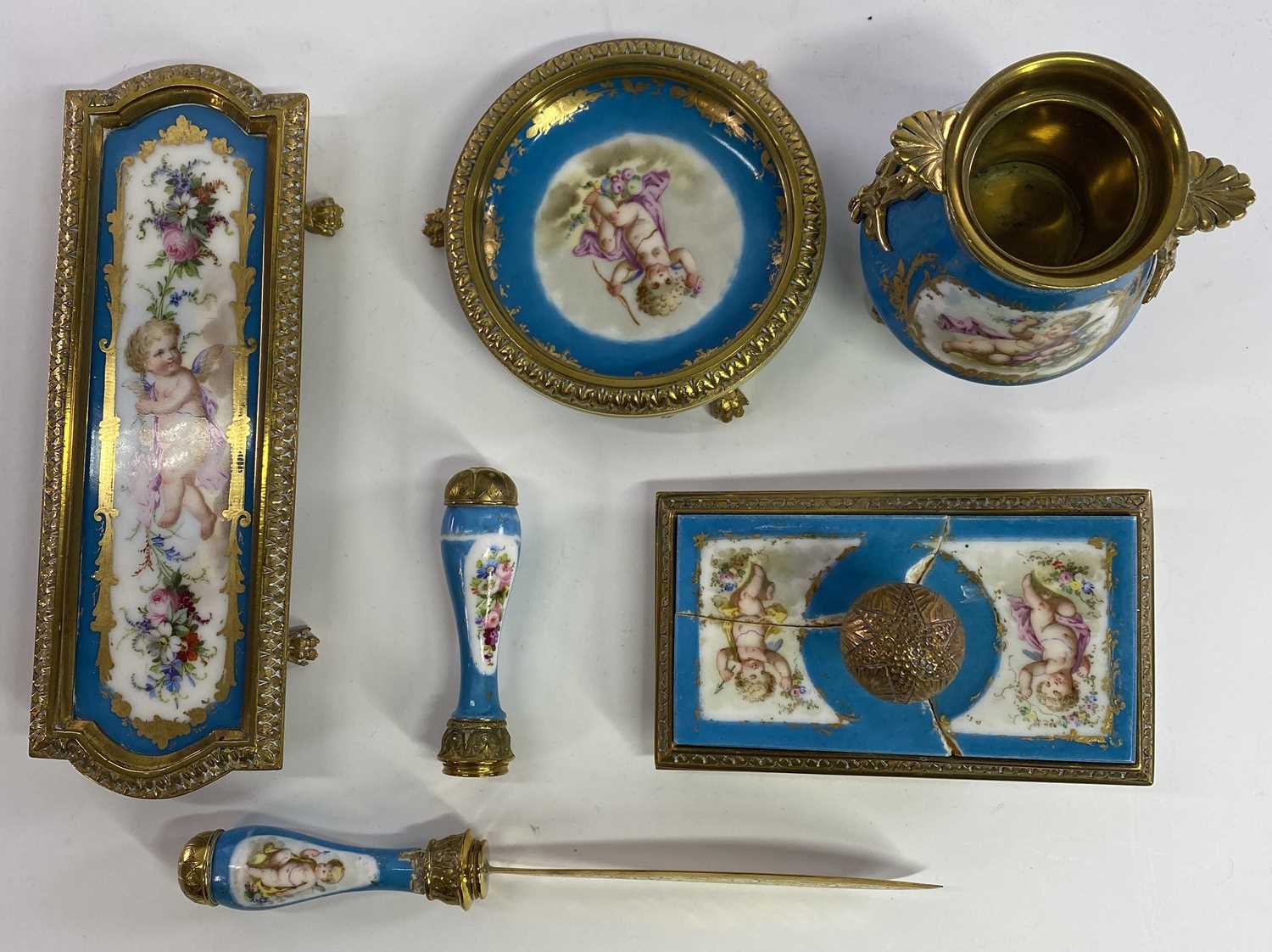 GILT ORMOLU MOUNTED FRENCH PORCELAIN DESK SET - 6 items, the porcelain all decorated with floral and - Image 2 of 2