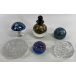 DECORATIVE GLASS PAPERWEIGHTS (4) and two cut glass ashtrays, the paperweights include an iridescent
