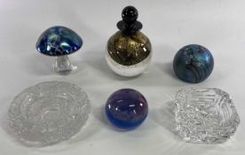 DECORATIVE GLASS PAPERWEIGHTS (4) and two cut glass ashtrays, the paperweights include an iridescent