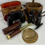 MILITARY & OTHER BINOCULARS, TWO PAIRS, modern three draw brass telescope and a desk magnifying