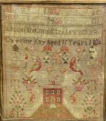 19TH CENTURY NEEDLEWORK SAMPLER - by Caroline May aged 11 years, 1832, showing a house with picket