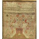 19TH CENTURY NEEDLEWORK SAMPLER - by Caroline May aged 11 years, 1832, showing a house with picket