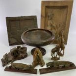 CARVED TREEN COLLECTION - including a carved oak panel with the words 'Ruins of Bryn Euryn,