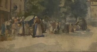 MARY McCROSSAN watercolour - a large crowd of people at Chartres Market, signed and dated 1894, 17 x