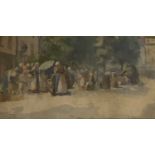 MARY McCROSSAN watercolour - a large crowd of people at Chartres Market, signed and dated 1894, 17 x