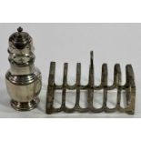 SILVER TOAST RACK & A STANDING SUGAR CASTER, Sheffield 1938, maker Emile Viner and Birmingham 1946