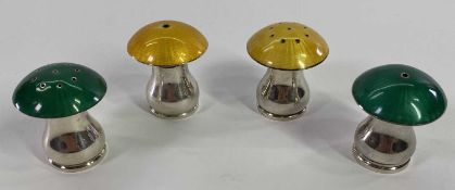 ELA, DENMARK STERLING SILVER & ENAMEL SALT & PEPPER POTS, mushroom shaped, two pairs in green and