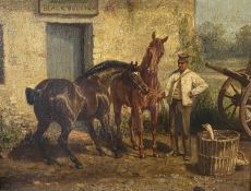 19TH CENTURY ENGLISH SCHOOL oil on canvas - figure with two ponies outside a Black Bull Inn,