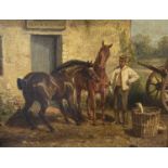 19TH CENTURY ENGLISH SCHOOL oil on canvas - figure with two ponies outside a Black Bull Inn,