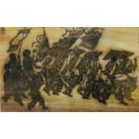VIETNAMESE SCHOOL etching - traditional dancing figures with presentation plaque to the glass -