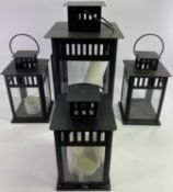 METALIC CANDLE LANTERNS - painted black, 1 x 47cms tall, and 3 x 30cms tall