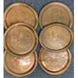 JOHNNIE WALKER WHISKY ADVERTISING COPPER PUB TRAYS (6) - all similarly embossed to include five