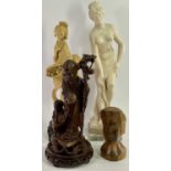 COMPOSITION & CARVED WOOD FIGURINES x 4, to include one classical Greek style, 49cms H, two Oriental