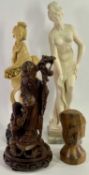 COMPOSITION & CARVED WOOD FIGURINES x 4, to include one classical Greek style, 49cms H, two Oriental