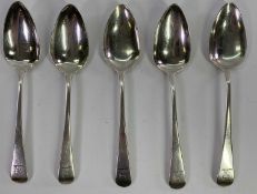 GEORGE III SILVER TABLE SPOONS x 5, London 1801 stamped to one and 1805 the others, maker Richard
