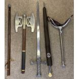 SHOOTING STICK, theatrical gothic sword and axe, walking stick and a Mercedes gear stick handle
