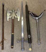 SHOOTING STICK, theatrical gothic sword and axe, walking stick and a Mercedes gear stick handle