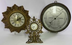 CLOCKS & BAROMETERS, 3 ITEMS - a Wilson forecast barometer on a circular oak mount, 25cms