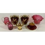 CARLTONWARE - Rouge Royale pair of twin-handled vases, 12.5cms tall, Crown Devon and Royal Winton