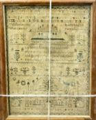 19TH CENTURY NEEDLEWORK SAMPLER - by Isabella Greensmith, aged 11 years, 1846, showing the City of