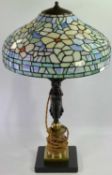 REPRODUCTION FRENCH GILT BRASS, MARBLE AND BRONZED FIGURAL TABLE LAMP with Tiffany style lamp shade,