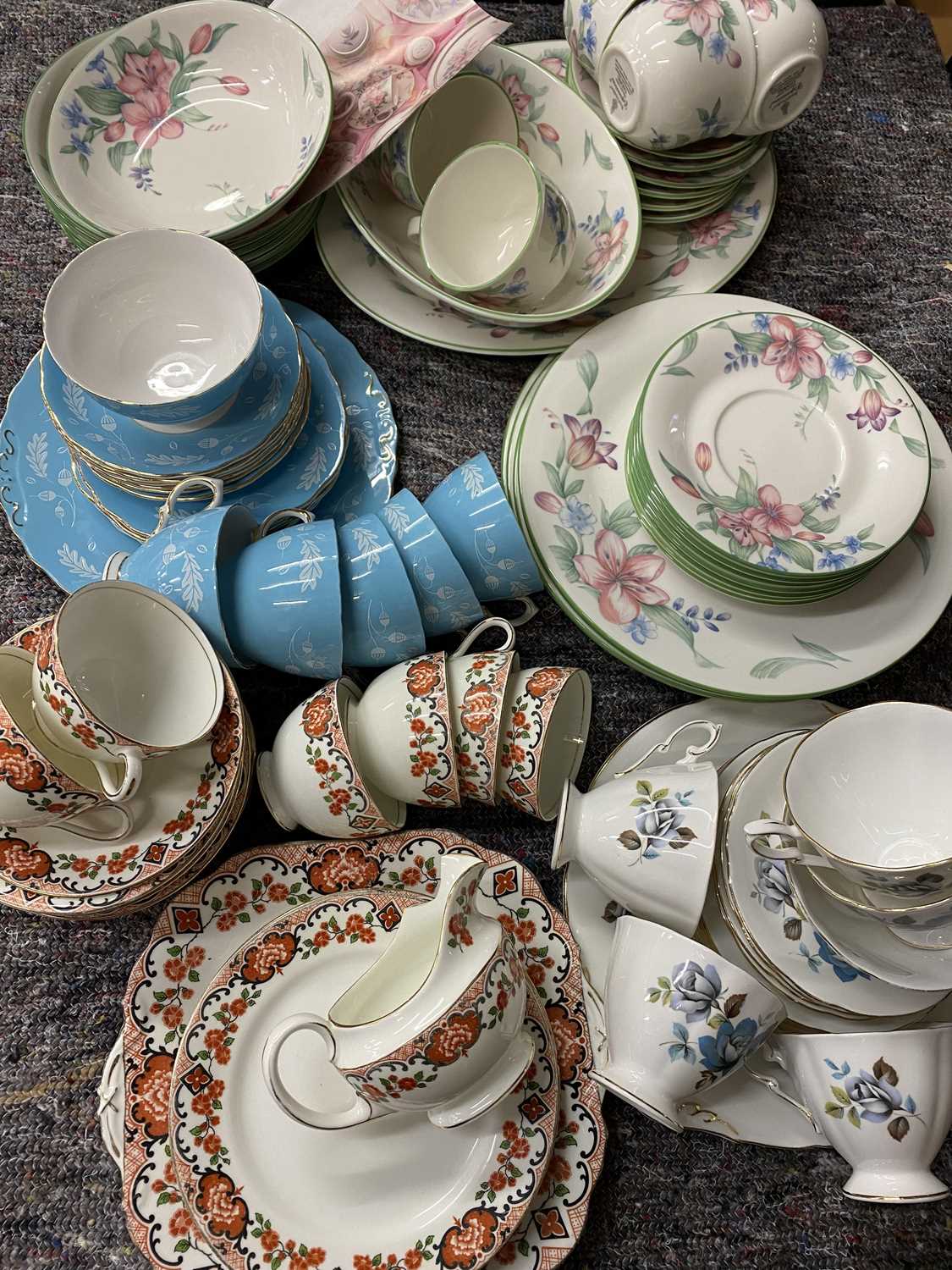 DECORATIVE DINNER & TEAWARE - mixed patterns and manufacturers to include Paragon Blue Mist 17 piece