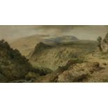 W J WADHAM watercolour - 'Welsh Lady' on a path above a steep gorge, signed, 26 x 50cms