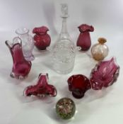 GLASSWARE - cranberry, art glass, decanter, ice bucket ETC, a good assortment