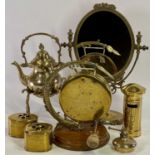 VINTAGE & LATER BRASSWARE GROUP - to include a dinner gong with beater on circular oak stand,