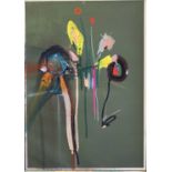 ROB UNETT mixed media - colourful floral study, initialled and with blind stamp, 68 x 48cms