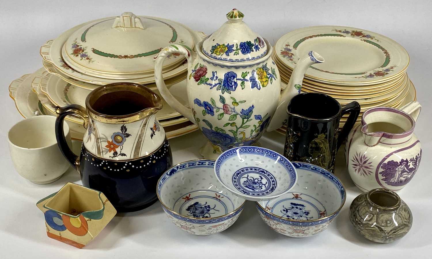 GRINDLEY VINTAGE FLORAL DECORATED DINNERWARE, approximately 22 pieces, Masons Regency coffee pot,