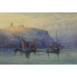 ALBERT G STRANGE watercolour - boats offshore with hillside fort to the background, signed and dated