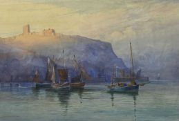 ALBERT G STRANGE watercolour - boats offshore with hillside fort to the background, signed and dated