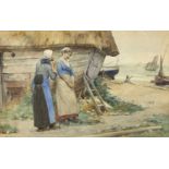 HENRY BACON watercolour - two bonneted ladies chatting by a boat on the shore, signed and dated