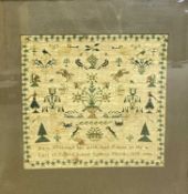 FRAMED NEEDLEWORK SAMPLER - by Mary Williams aged 11, 1838, showing piping angels, birds and