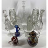 GLASS DECANTERS, an assortment and other glassware including a pair of heavy vintage vases, 27cms