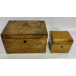BURR WALNUT BOXES x 2 to include a workbox, 16cms H, 26cms W, 16cms D and a similar tea caddy, 12cms
