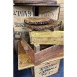 TEA CHESTS (5) - vintage with markings for India, ETC, also, two old wooden apple trays/crates and