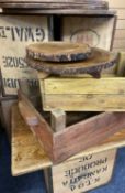 TEA CHESTS (5) - vintage with markings for India, ETC, also, two old wooden apple trays/crates and