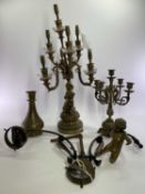 VINTAGE LIGHTING ITEMS (3) and a brass baluster vase, the lighting includes a two branch copper