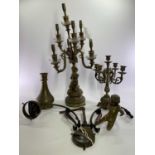 VINTAGE LIGHTING ITEMS (3) and a brass baluster vase, the lighting includes a two branch copper