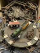 HORNBY CLOCKWORK TINPLATE TRAIN SET, consisting Loco and two carriages, turntable and a good