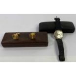 9CT GOLD CASED ACCURIST GENT'S WRISTWATCH with leather strap, cased and a pair of gold colour