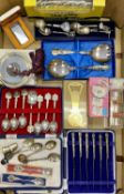 EPNS & OTHER COLLECTORS SPOONS, cased set of six silver handled knives and other EPNS ware and
