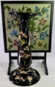 EBONIZED FOLDING TABLE / FIRE SCREEN, and a pottery jardiniere stand decorated with birds and