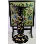 EBONIZED FOLDING TABLE / FIRE SCREEN, and a pottery jardiniere stand decorated with birds and