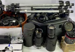 SLR & DIGITAL CAMERAS, associated lenses and equipment, with a Manfrotto tripod stand