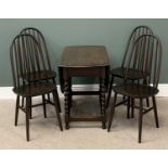 ERCOL - four stickback dining chairs along with an oak barley twist gate leg table, 73cms H,