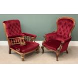 VICTORIAN MAHOGANY SPOONBACK ARMCHAIR with buttoned back, having scrolled arms and supports,